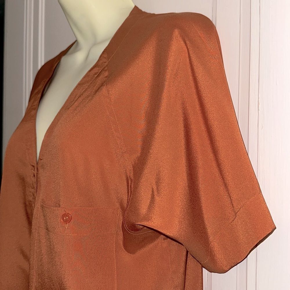 Vintage 70s/80s Irka Rust Orange Polyester Button-Up Short Sleeve Shirt - Picture 4 of 8